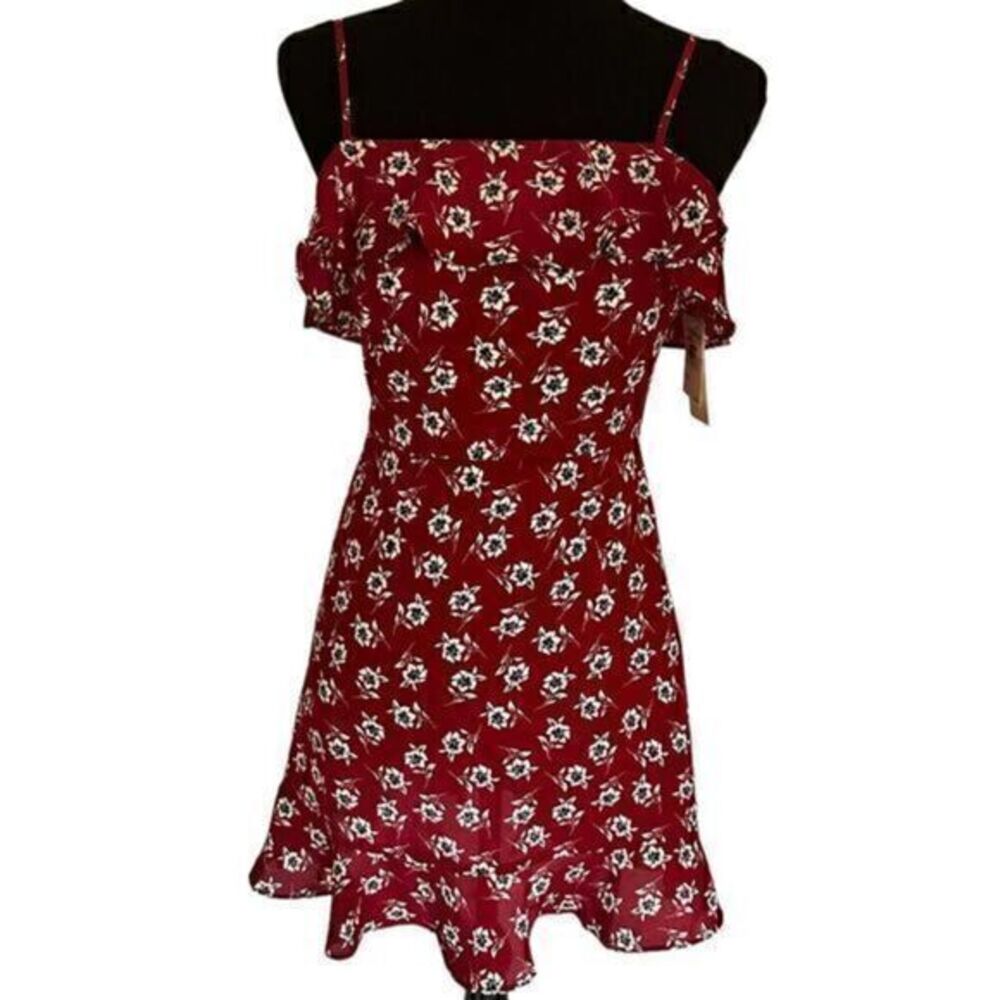 Row A Nordstrom Wine Cream Floral Ruffle Back Zip Polyester Mini Dress Size M‎
